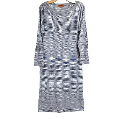 Missoni Dress 80's Blue Ikat Lightweight Rayon Knit Sheath Long Sleeve US 12 - Image 1 of 4