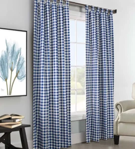 Plow & Hearth Thermalogic Check Tab-Top Curtain Pair, 84"L x 80"W  Blue & White - Picture 1 of 2
