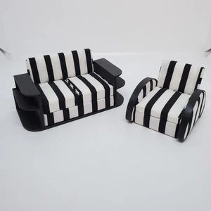 OOAK maßgefertigtes Puppenhaus Miniatur Art Deco Sofa + Stuhl schwarz weiß gestreift signiert - Bild 1 von 9