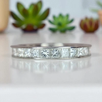 Vintage Platinum Natural Square Princess Diamond Channel Set Eternity Band Ring - Image 1 of 4