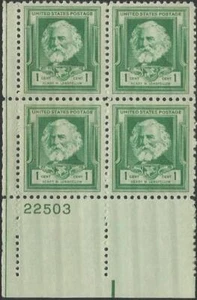 Plate Block of 4 stamps - Scott 864 - 1 cent - Henry W. Longfellow - 1940 - MNH - Picture 1 of 1