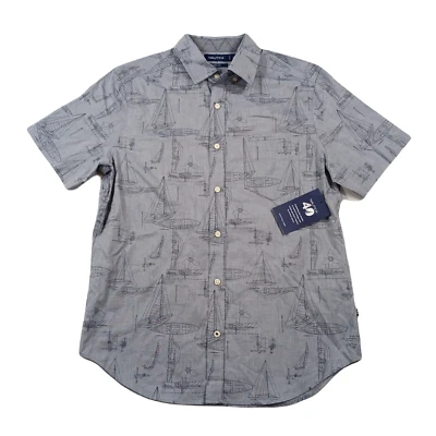Nautica Chambray Shirt Mens Small Ensign Blue Printed Short Sleeve Classic Fit - Image 1 of 4