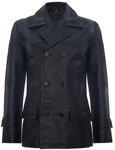 Schwarze Herren Rindslederjacke Dr Who Marine German Pea Coat - Bild 1 von 5
