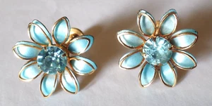 Vintage Gold Floral Earrings with 2 Light Turquoise Rhinestones - Picture 1 of 7