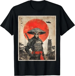Alien Samurai UFO Japanese Vintage Graphic Ukiyo-e Art Funny unisex T-Shirt - Picture 1 of 2