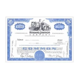 Howard Johnson Co. Stock Certificate // 1-99 Shares // Blue // 1960s-70s - Picture 1 of 2