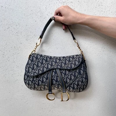 Auth CHRISTIAN DIOR Trotter Canvas Saddle Shoulder Bag CD Pendant Navy & Gold - Image 1 of 4