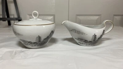 Fukagawa Arita 903 Hand Painted Landscape Lidded Sugar Bowl & Creamer Gold Trim - image 1 of 4