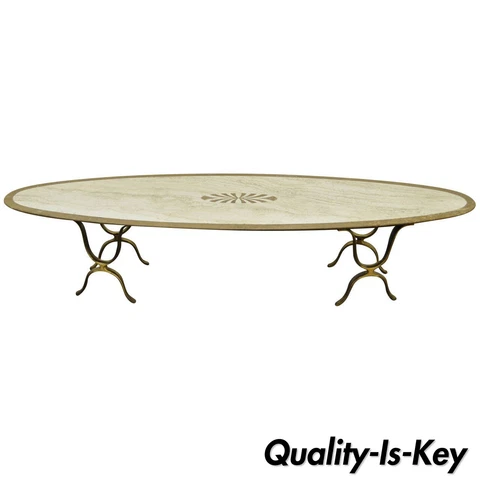 Italian Hollywood Regency Travertine & Brass Long Oval Surfboard Coffee Table Cover