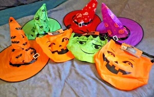 Halloween Goodie LOT - 3 Trick Or Treat Bags & 4 Witch Hats / Pumpkins, Spiders - Picture 1 of 21