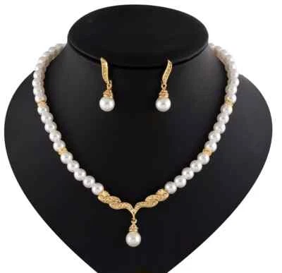 Perlen Schmuckset Damen Halskette + Ohrringe Gold Brautschmuck Hochzeit Collier - Bild 1 von 4