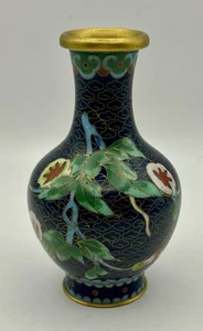 Vintage chinesische Cloisonne Messing Emaille Vase tiefblau & florales Design 4”Hx 2,5”B - Bild 1 von 8