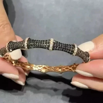 5Ct Lab Created Black & White Diamond 14k Yellow Gold Plated Bamboo Bangle - Image 1 of 4