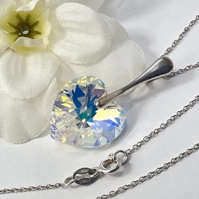 925 Silver 18mm Heart Necklace Pendant AB Gift Made With Austrian Crystals - Image 1 of 4