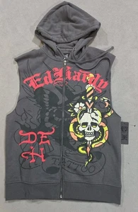 Ed Hardy Skull/Dagger/Panther Full Zip Sleeveless Charcoal Hoodie, Men SM - NWT - Picture 1 of 7