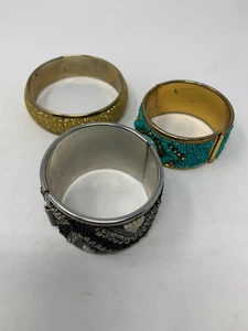 Set of 3 Cuff Bracelets Women’s Turquoise Beaded & Gold Glitter Bohemian Jewelry - Picture 1 of 9