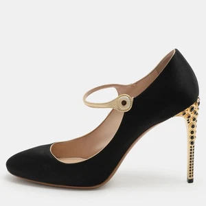 Miu Miu Black/Gold Satin and Leather Mary Jane Pumps Size 40 - Picture 1 of 9