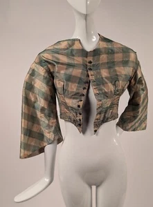 CIVIL WAR ERA PLAID SILK TAFFETA BODICE W PAGODA SLEEVES - Picture 1 of 5