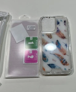 For Apple iPhone 14 Pro Max Colorful Feather Print Case W/ Screen Protector - Picture 1 of 3