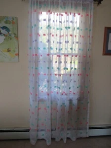 2 PASTEL LAVENDER TURQUOISE & PINK POM POMS SHEER PANELS CURTAIN EA 38X84 DKNY - Picture 1 of 11