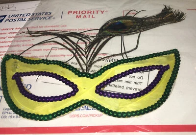 masquerade ball mask feathers Colorful New Green Purple Yellow Peacock Y3 - Image 1 of 3