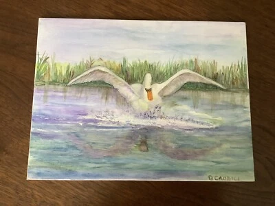 Original Artwork Watercolor Swan On Water on Canvas Panel 12” By  9” Unframed - Image 1 of 3
