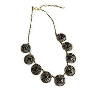 J Crew Gold Tone Necklace Medallion Black Stones Statement Art Deco 20 in - Picture 1 of 7