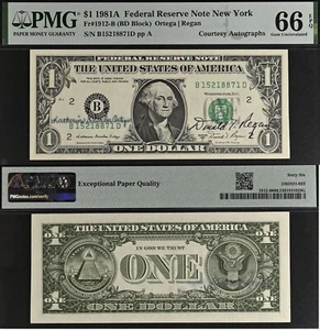 1981A $1 Federal Reserve Note - PMG 66EPQ - Dual Autograph - Ortega / Regan - Picture 1 of 3