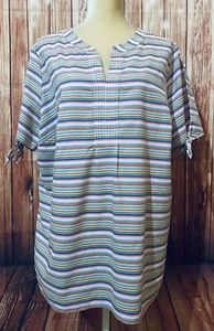 1X Blusa donna talbots multicolore a righe scollo a V maniche corte spacco cravatta - Foto 1 di 11