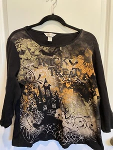 CJ Banks Halloween Shirt Trick or Treat Black Cat Pumpkins Spider Webs Size LG - Picture 1 of 4