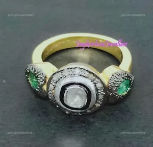 Polki & Scheibe Diamant Cocktail Ring,925 Silber Handgemacht Smaragd Edelstein - Bild 1 von 4