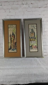 Pair of European Inspired Architechural Ink/Watercolor Paintings Quebec CA EUC - Picture 1 of 11