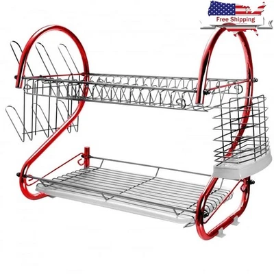 Estante para platos de dos niveles alambre de hierro con bandeja de drenaje y soporte para utensilios almacenamiento de cocina nuevo Foto 1 de 4