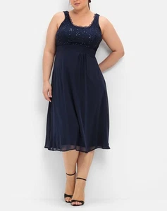 sheego Damen Abendkleid Wadenlang Ärmellos Rundhals Spitze marine NEU - Bild 1 von 4