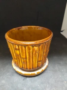 Maceta de cerámica McCoy marrón esmaltado por goteo patrón de bambú 0372 vintage - Imagen 1 de 6