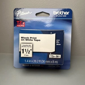 Brother P-Touch TZe-261 Labels 1-1/2" Laminated Black Print/White Tape - Picture 1 of 6