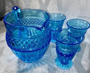 Mosser Glas Dahlie 42 Unzen Krug in Himmelblau Karneval mit 3 passenden 5 Unzen Gläsern - Bild 1 von 8