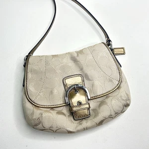 COACH Soho Signature Metallic Flap Crossbody Khaki/Gold NWT $168 F47007 - Picture 1 of 12