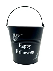 Happy Halloween cesto piccolo metallo nero con manico nuovo 6,5"" w x 6"" h - Foto 1 di 3