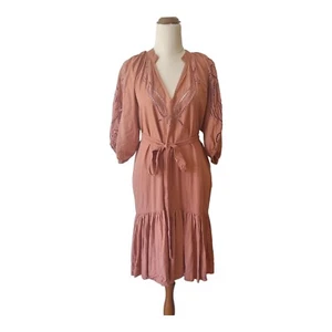 Abode Luxe Size S/M Bohemian Salmon Belted Knee Length Rayon Dress Embroidered - Bild 1 von 13
