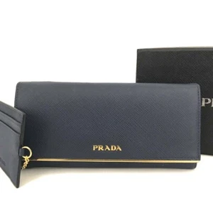 PRADA Logo Saffiano Leather Long Bifold Wallet w/Card Case Navy blue/6BD0616 - Picture 1 of 8