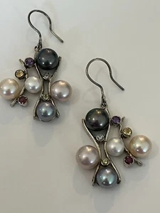 STERLING SILVER MULTI-COLOR CULTURED PEARL AND GEMSTONE DANGLE EARRINGS - Picture 1 of 5