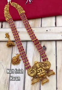Indian Bollywood Gold Plated Long Bridal Necklace Earrings Temple Jewelry Set - Picture 1 of 4