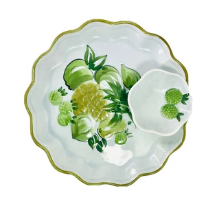 Los Angeles Potteries Serving Platter Attached Dip Bowl Green Fruit Vintage '67 - Picture 1 of 11