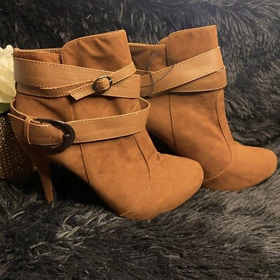 Charles Albert Womens Size 8.5 Brown Suede High Heel Strapped Booties - Image 1 of 4
