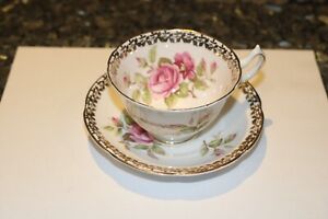 RARE COLLINGWOOD ENGLAND WIDE CUP & SAUCER BIG PINK CABBAGE ROSES GOLD ACCENTS