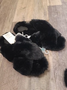 Stars Above Women's Paris Crossband Faux Fur Slippers Black Size XL 11/12 - Picture 1 of 5