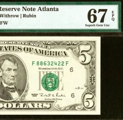 1995 $5 Federal Reserve Note PMG 67EPQ wanted gem Atlanta Fr 1985-F - Image 1 of 3