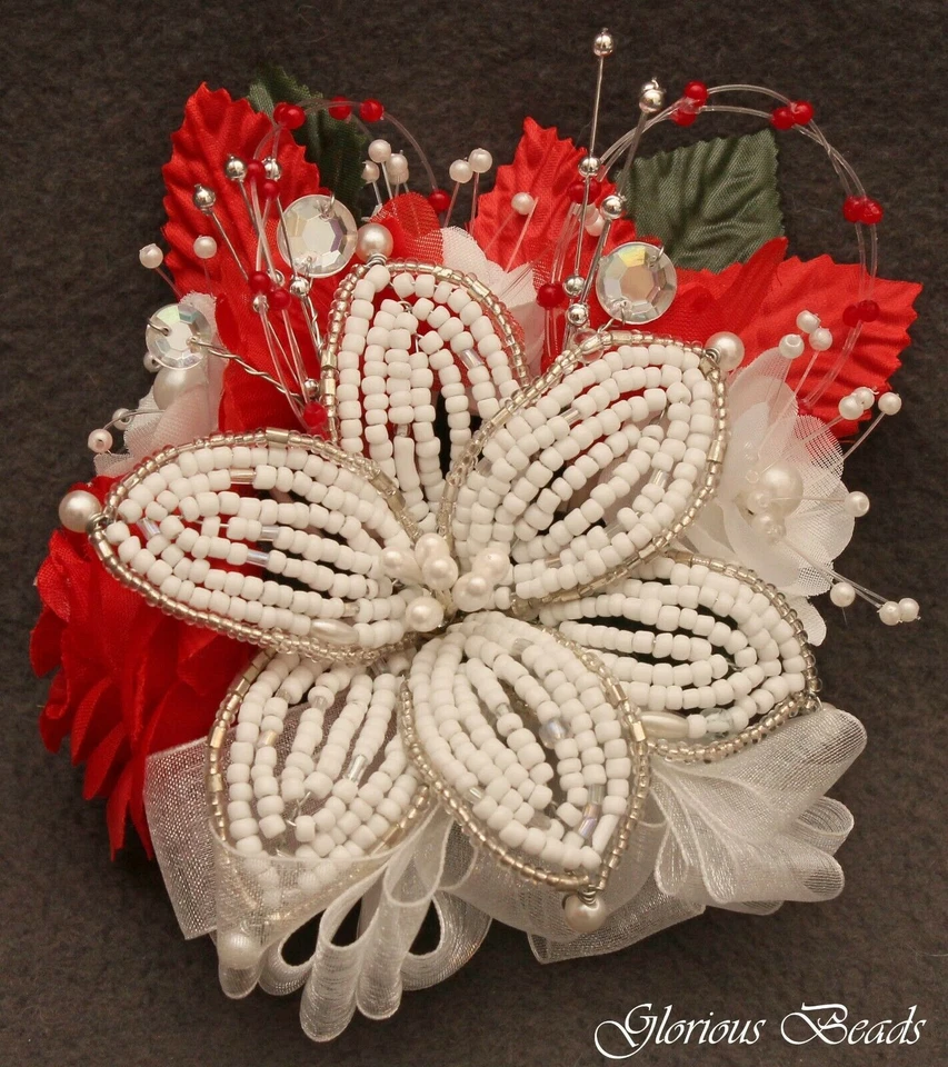 Corsage Red Silver Rhinestone Wedding Prom BEADED LILY or 2 pc with Boutonniere - Image 1 of 1