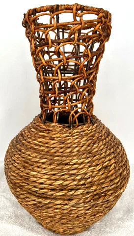 American Rope & Reed Handwoven Basket - Vase Mid-Century Modern - 12" Cover